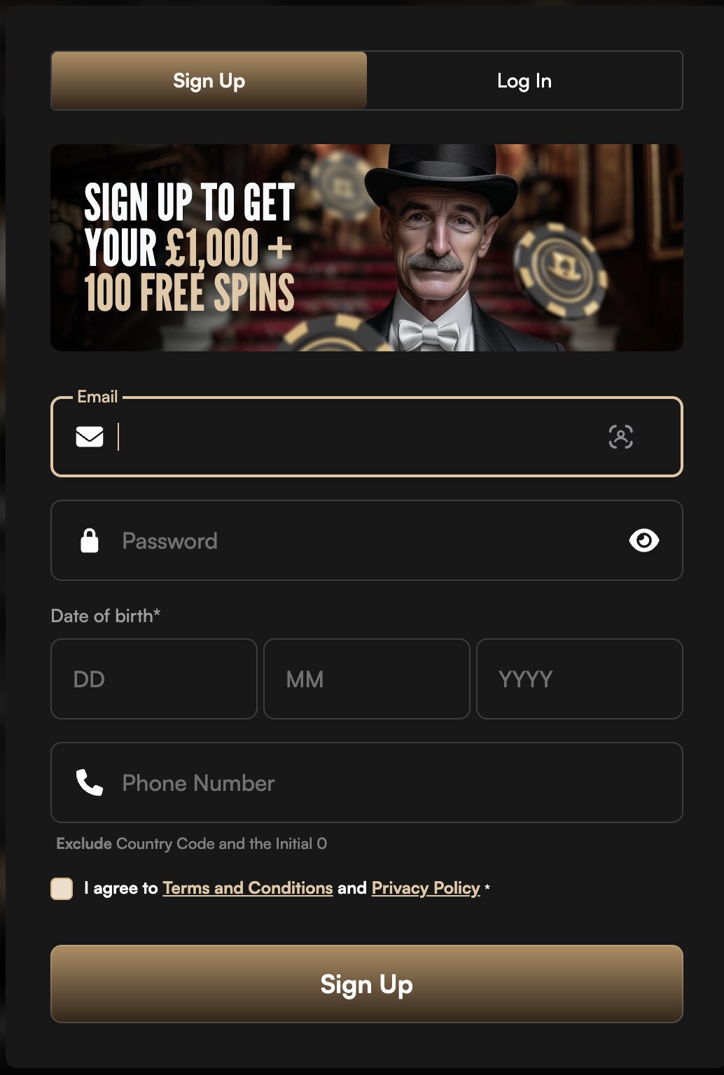Harry Casino registration form